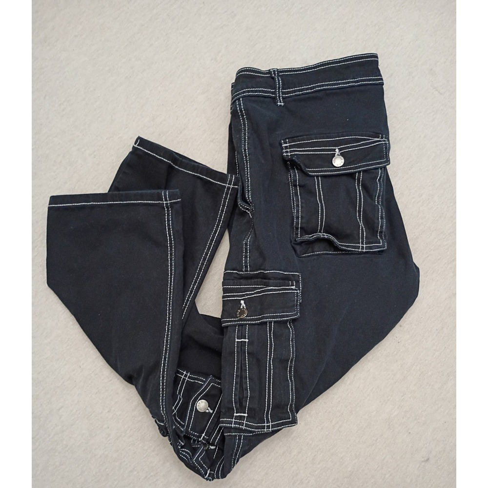 Abstract One Mens Black Contrast Stitch Cargo Pants Y2K Punk Streetwear 34/30